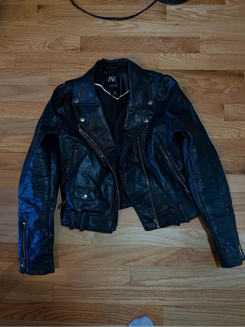 Zara Black Leather Biker Jacket with Zip Details
